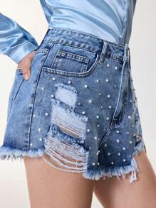 SHEIN MOD Women's Pockets Distressed Pearl Decor Casual Denim Shorts For Summer With Pearl Embellishments And Zipper Detail - Medium Wash - View 4