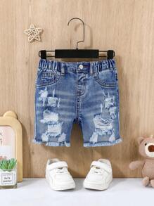 SHEIN Baby Pojke Sommar Casual Slitna Rivna Frayed Blå Knappar Framfickor Skinny Jeansshorts, Baby Vår/Sommar Vårlov Vardagskläder - Mediumtvätt - Visa 1