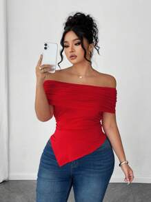 Elenzga Camiseta ajustada con cuello descubierto, volantes y bajo asimétrico para mujer de talla grande