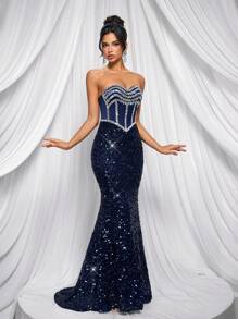 Glamrae Robe de soirée longue élégante et luxueuse faite main avec queue de sirène, décolleté en V, strass bleus et traîne, pour femmes - Bleu azur - Voir 6
