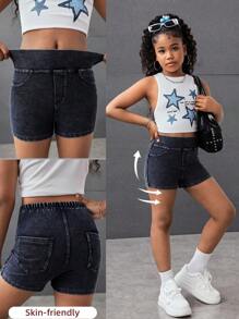 SHEIN Shorts de mezclilla elásticos y ajustados de estilo callejero y de moda Y2K, cómodos para niñas preadolescentes, para disfraces, uso diario, deportes, verano y primavera - Azul lavado oscuro - Ver 1