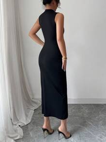 Elenzga 女士优雅腰部修身无袖长开衩连衣裙，夏季 - 黑色 - 查看 2