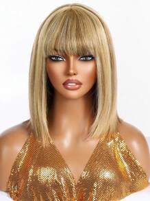 Short Bob Human Hair Wigs With Bangs Natural Straight Bob Wigs For Women Blend Blonde Color Glueless Wig Easy To Wear Daily Vacation Wedding Halloween Costumes - S10/16/613 - View 4
