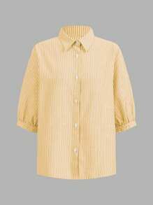 SHEIN LUNE Bộ 3 áo sơ mi hở trước màu xanh và trắng cho nữ, quần dài kẻ sọc và áo hai dây màu trắng, mùa xuân và mùa hè - Màu vàng - Xem 4