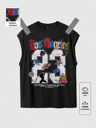 Prep Camiseta de tirantes para hombre 2025 Estilo Verano Nuevo Estilo Y2K Los Ángeles 23 Número Estampado Gráfico Sin Mangas, Moda Deportiva Casual Fitness Camiseta Informal de Hombre, Estilo Ins