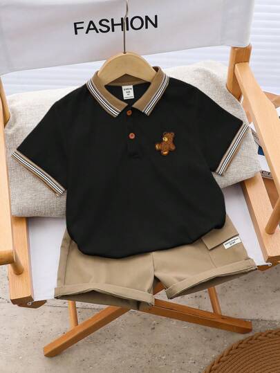SHEIN 2pcs/Set Kids Boy Casual Cute Cartoon Bear Polo Shirt & Khaki Shorts Knitted Outfit, Versatile For School, Garden, Beach, Birthday, Spring, Summer, Autumn, Winter Seasons