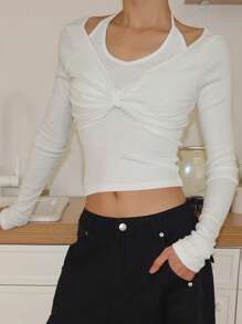 DAZY Women Two Pieces Style Solid Color Twist Front Long Sleeve T-Shirt,Fall Clothes - White - View 7