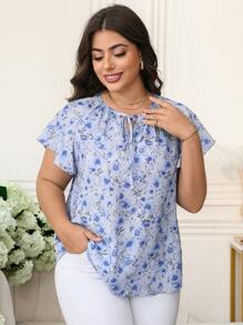 SHEIN Clasi 大码女式花卉印花系带短袖衬衫，优雅夏日 - 藍色 - 查看 6