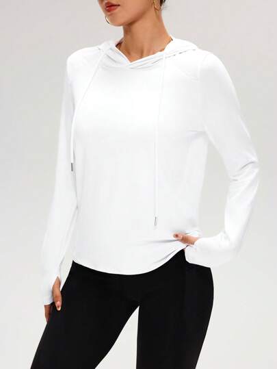 SHEIN Cheerettes Solid Color Hooded Pullover White Long Sleeve Casual Sports Sweatshirt, Spring/Fall