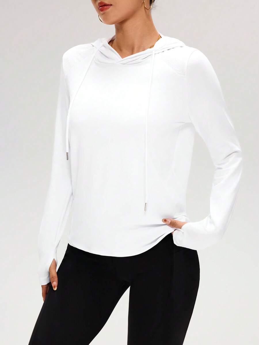 SHEIN Cheerettes Solid Color Hooded Pullover White Long Sleeve Casual Sports Sweatshirt, Spring/Fall