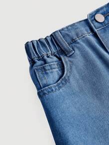 SHEIN 年轻女孩休闲基本款蓝色牛仔裙，春夏波西米亚风裙子 - 中等水洗藍 - 查看 3