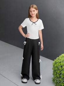 Conjunto de 2 piezas de pantalones rectos con lazo en el cuello y adorno de encaje para niña, look casual elegante