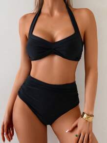 Swim Basics Bộ đồ bơi 2 mảnh cho nữ, cổ yếm thanh lịch, gợi cảm, tối giản, màu trơn, cạp cao, phong cách ngày lễ thường ngày - màu đen - Xem 1