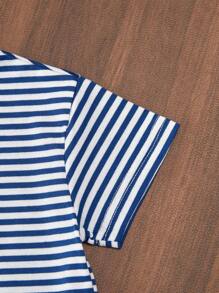 SHEIN 刺绣樱桃点缀休闲短袖条纹T恤，适合女婴，甜美可爱的海军蓝风格，夏季基本款 - 藍色 - 查看 4