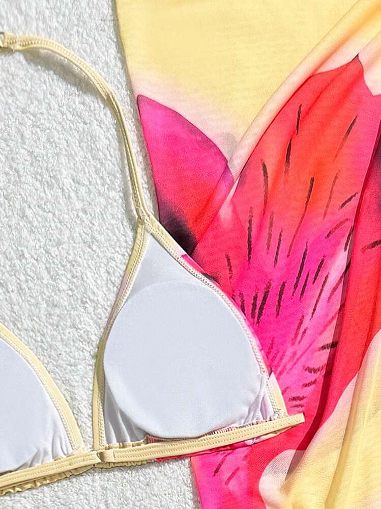 Conjunto de praia com 3 peças de estampa floral rosa, para férias na praia - Multicolorido - Ver 6