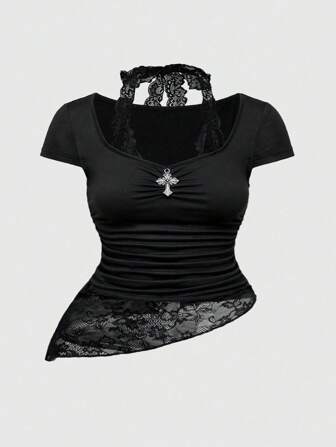 Goth Gothic Cross Pendant Lace Splice Mock Neck Fitted Plus Size Women T-Shirt