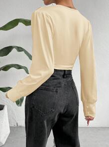 SHEIN Essnce 女士纯色 V 领褶皱灯笼袖紧身衣，秋季时尚造型 - 杏色 - 查看 2