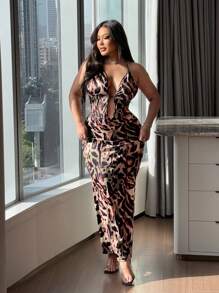 Flirla Plus Size Leopard Print Low-Cut Dress, Fashionable For Summer - Brown - View 5