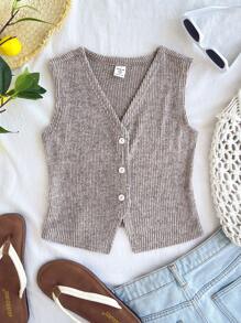 SHEIN 少女休闲纯色卡其色罗纹针织上衣 - 卡其色 - 查看 4