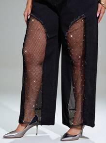 Denimoi Pantalones de pierna ancha de talla grande con inserción de malla de strass