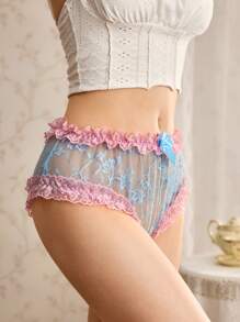 Floral Lace Ruffle Trim Sexy Open Back Women's Thong Panty Pink - Pink - View 3