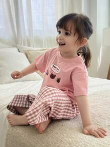 Hapijoa Conjunto de ropa informal para niñas bebé con camiseta de manga corta con estampado de dibujos animados de cuello redondo y pantalones a cuadros - Rosa Pálido - Ver 5