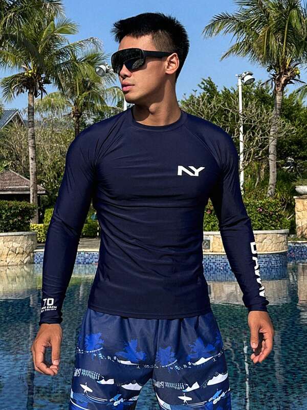 DAZY Camiseta de natação masculina com estampa de letras em cor sólida e proteção contra erupções cutâneas, azul-marinho, primavera/verão, havaiana