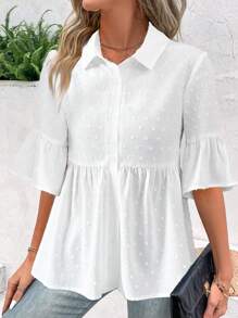 Elenzga Blusa casual de mujer de unicolor con mangas acampanadas y bajo con volantes para el verano - Blanco - Ver 5