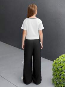 Conjunto de 2 piezas de pantalones rectos con lazo en el cuello y adorno de encaje para niña, look casual elegante