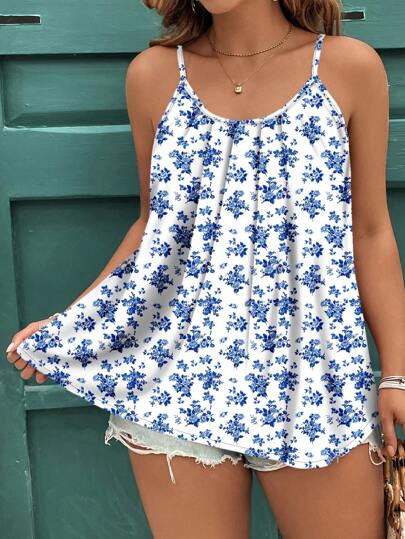 SHEIN Clasi 大码女式蓝白花卉印花优雅吊带背心和背心套装，休闲度假装，适合夏季