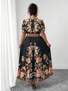 SHEIN PETITE Vestido de manga corta con cuello en V, estampado bohemio, con atar a la cintura, apropiado para primavera y verano, tallas grandes, también para petite