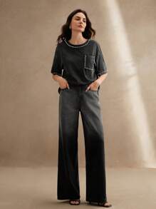 Anewsta 女士春夏混色雪洗黑重工美甲钻石音乐节黑色时尚T恤 - 黑色 - 查看 6