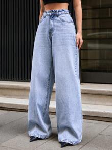 RueChic PANTALONI DONNA A VITA BASSA E GAMBA LARGA CON LAVAGGIO VINTAGE IN BLU CHIARO