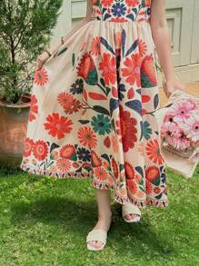 SHEIN LMoss Kids 女童碎花方领荷叶边下摆休闲连衣裙 - 黑與白 - 查看 4