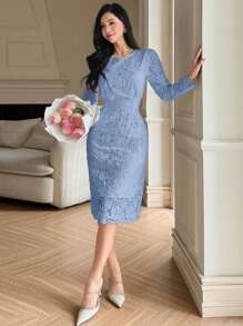 DAZY Vestido elegante y sofisticado con inserto de encaje en línea A para mujeres, ropa de otoño, ropa de vuelta al colegio, vestido de manga larga