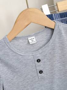 2 Piece Toddler Boys' Simple Casual Gray Round Neck Short Sleeve Top And Blue Plaid Pants Loungewear Set,Summer,Family Matching Back To School Fashion - Blue - View 3