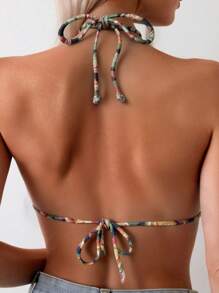 SHEIN Swim 2 件女式豹纹领带性感吊带比基尼上衣夏季沙滩泳装，随机印花设计 - 彩色 - 查看 5