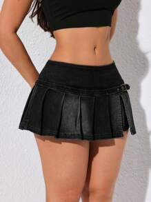 SHEIN ICON Women's Summer Fashionable Washed Details Mini Pleated Denim A-Line Skirt