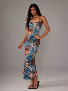 TRNVIE Women Leopard Print Halter Neck Bodycon Fish Tail Dress Maxi Women Outfit - Blue - View 3