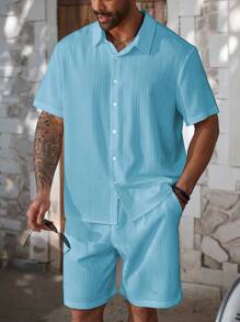 ResortEase Plus Size Men Short Sleeve Solid Shirt & Shorts Set, Cozy Outfits - Baby Blue - View 4