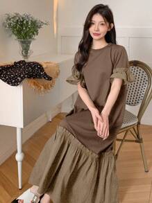 DAZY 女式夏季圆领短袖荷叶边下摆休闲连衣裙，返校服 - 棕色 - 查看 2