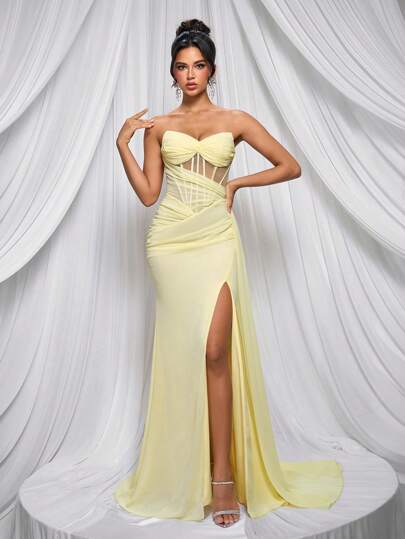 Glamrae Elegant Graceful Butter Yellow Flowing Pearl Chiffon Ruched Bust Design Multiple Boning Slimming Sexy Slit Fish Tail Dress With Sash, Women's Formal Evening Gown