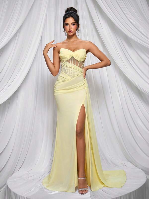 Glamrae Elegant Graceful Butter Yellow Flowing Pearl Chiffon Ruched Bust Design Multiple Boning Slimming Sexy Slit Fish Tail Dress With Sash, Women's Formal Evening Gown