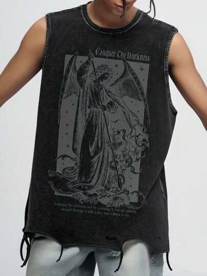 Goth Men Vintage Washed Religious Casual Tank Top