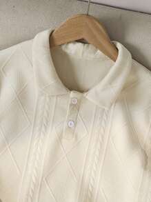 青少年男孩纹理短袖 Polo 领 T 恤和短裤套装 - 杏色 - 查看 4