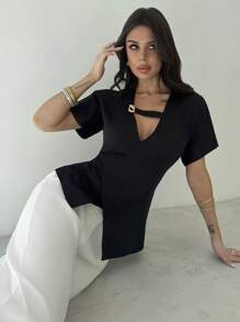 Firerie 女士优雅简约短袖 V 领金属装饰修身衬衫，适合日常通勤 - 黑色 - 查看 8