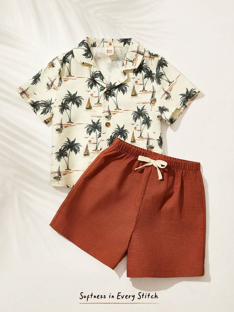 Cozy Pixies 2pcs Baby Boy Plant & Floral Pattern Lapel Short Sleeve Cardigan And Elastic Waist Shorts Set - Multicolor - View 1