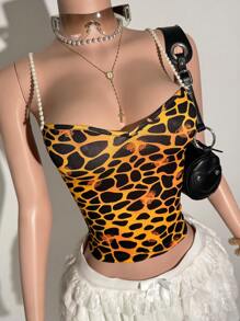 Slaydiva 2025 Summer New Style College Style Birthday Party Graduation Season Student Wear Daily Street Basic Versatile Leisure Vacation Cruise Travel Beach Seaside Sunbathing Popular Online Suspenders Pearl Necklace Leopard Print Sexy Backless Twist Summer Tops Women's Camisole - Multicolor - View 6