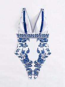 Swim Vcay New Deep V-Neck Backless Fitted Printed Swimsuit, Stylish For Summer - Blue and White - View 9