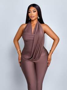 SOLERSUN 女式加大码春夏两件套纯色露背吊带上衣和褶皱紧身裤休闲嬉皮套装 - 棕色 - 查看 5